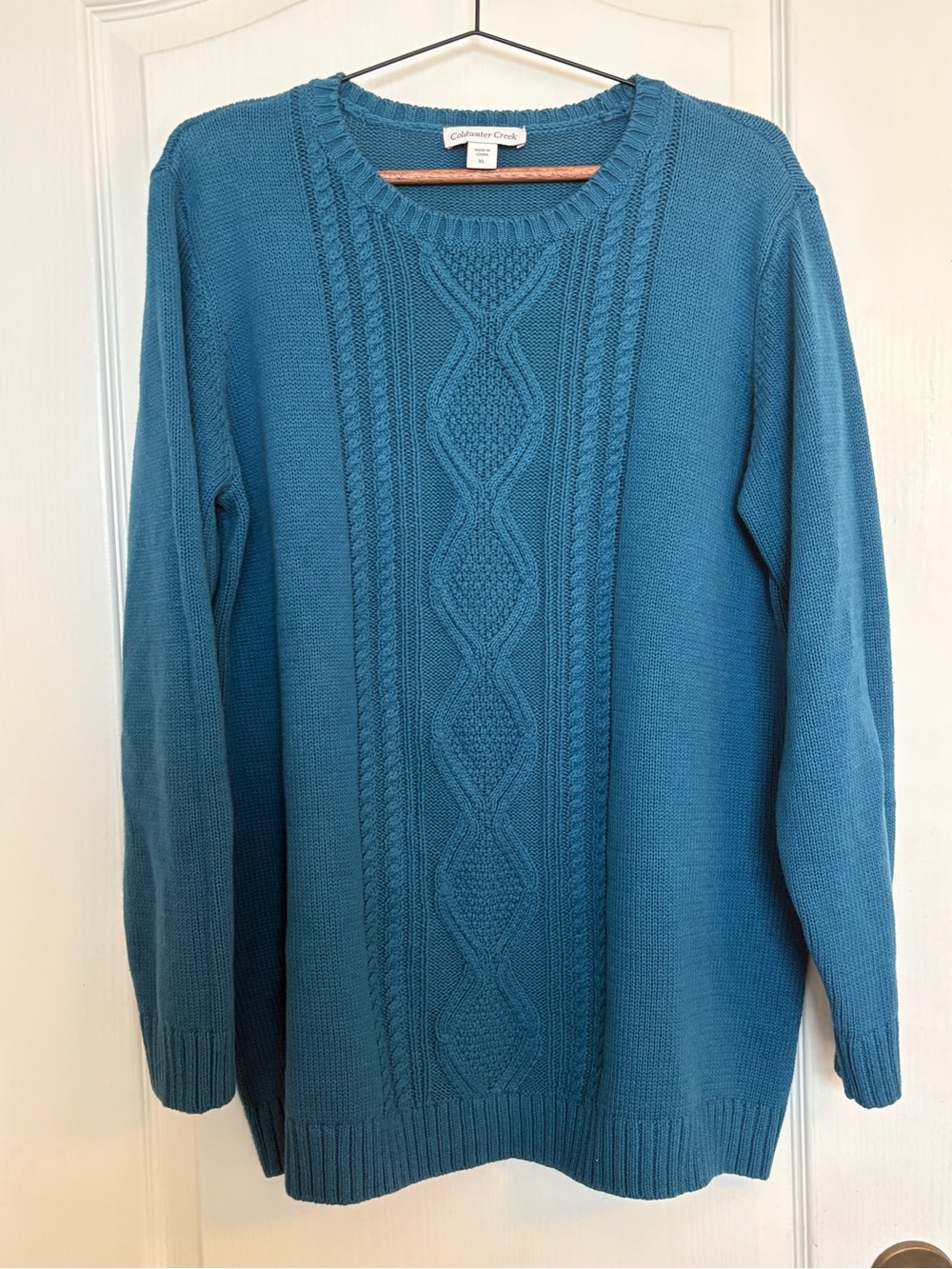 Coldwater Creek Teal Blue Cable Knit Crewneck Sweater XL Cotton Blend